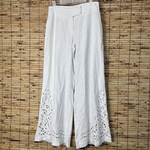 Vtg Linen Pants Sz 6 80s Metro Style Ivory Wide Leg Eyelet Cutout Embroidered